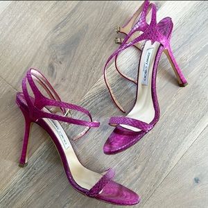 Jimmy Choo magenta snakeskin double strap heels.